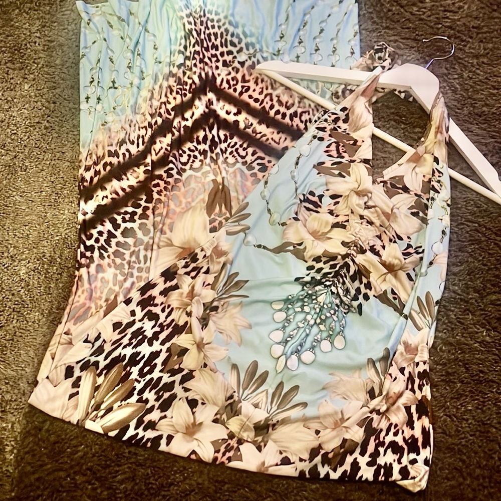 Floral & Animal Print Halter Maxi Dress in Light Blue
